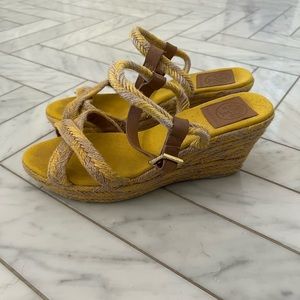 Tory Burch yellow and tan wedge sandals